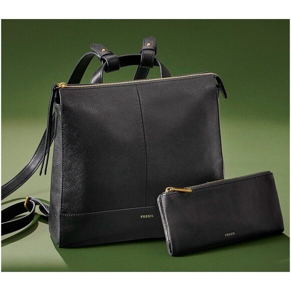 S Fossil Elina Black Leather Convertible Backpack SHB2979001 Purse Bag NWT $250